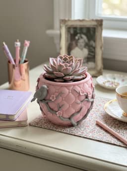 Quilted Cherry Blossom Bird Planter Pot 3d model