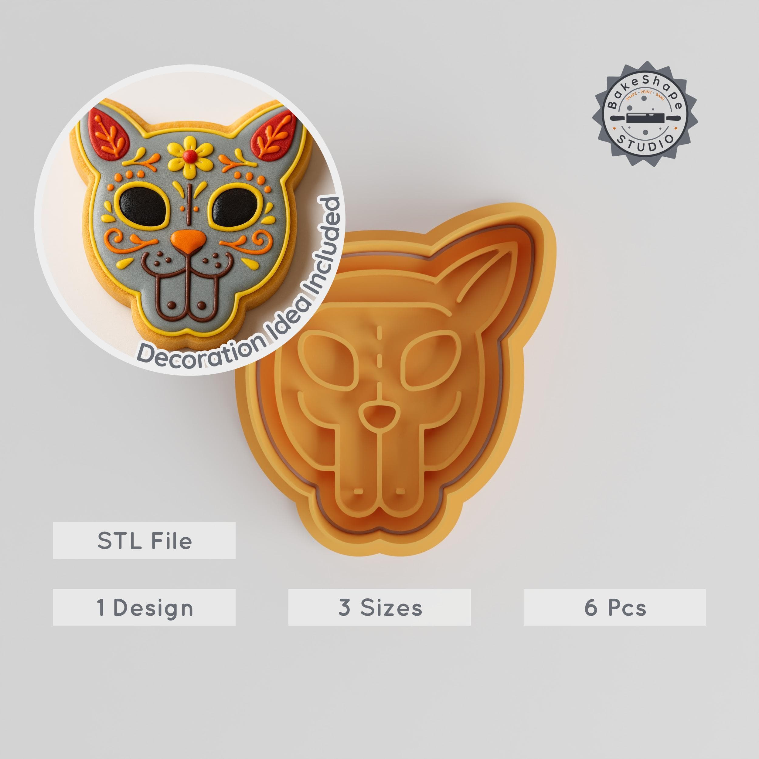 Cat Cookie Cutter & Stamp Set, Day of the Dead Design, 3 Sizes, Festive Feline, Sugar Skull Decoration PRODUCT_954 3d model