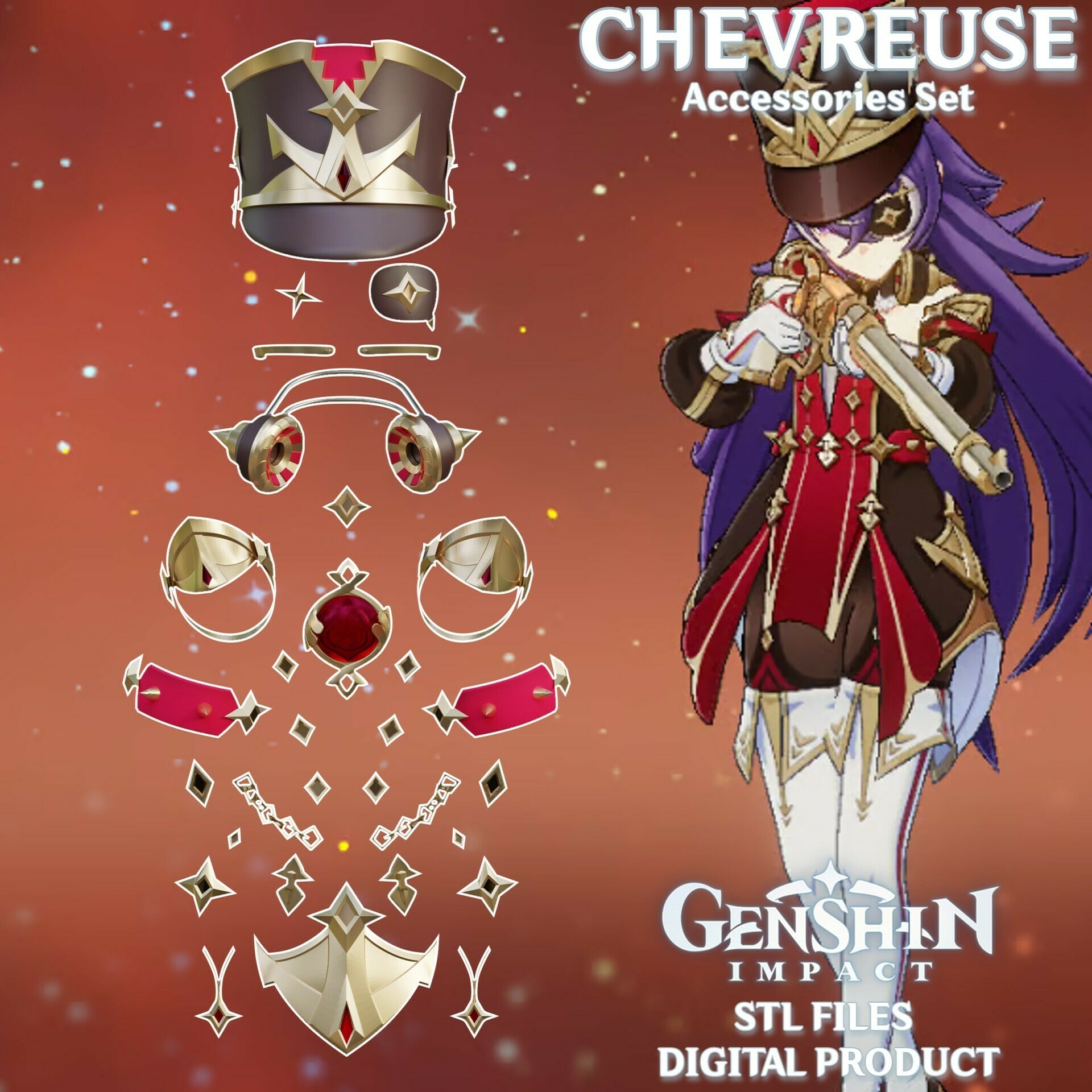 CHEVREUSE ACCESSORIES COSPLAY SET GENSHIN IMPACT 3d model