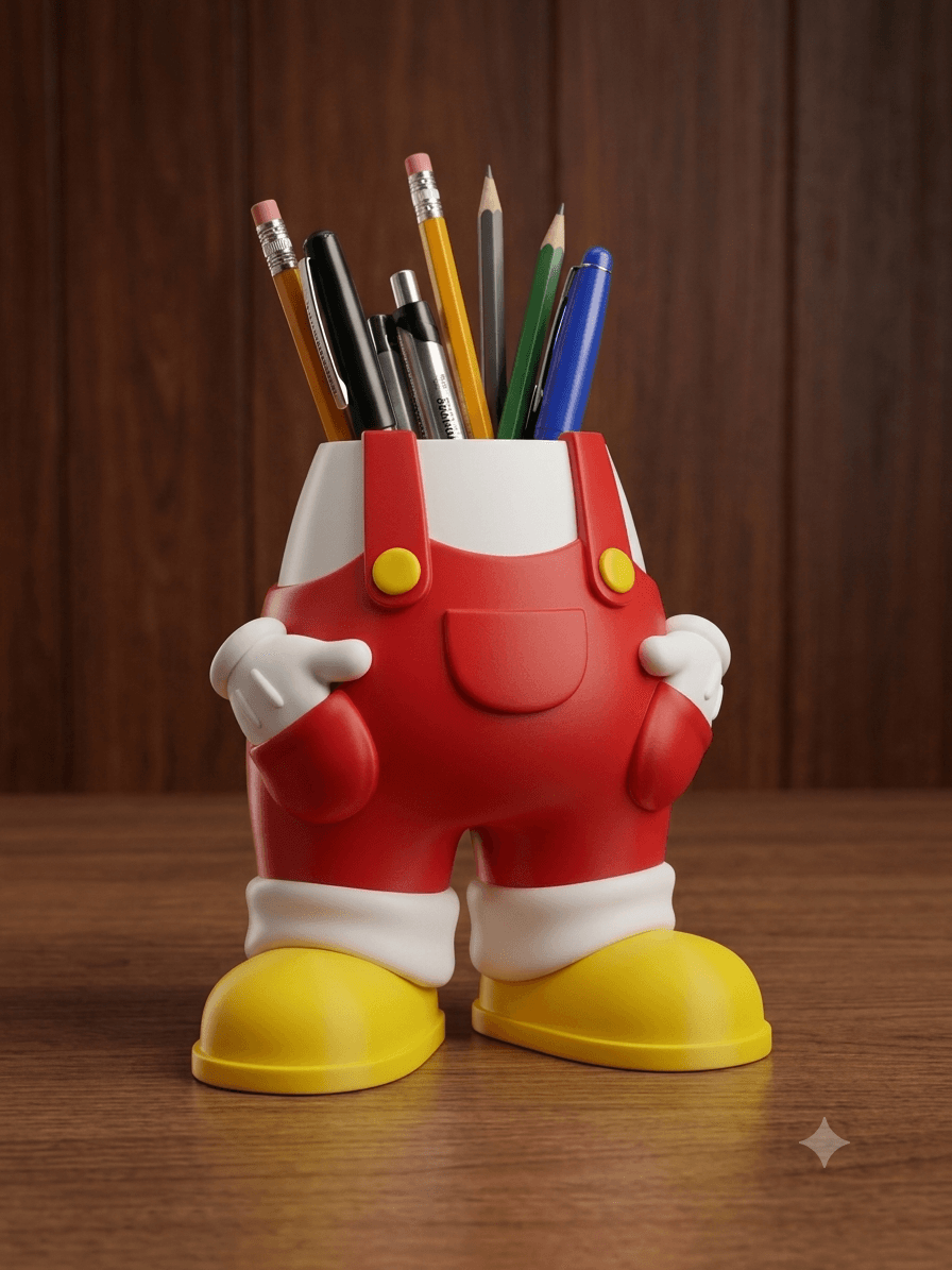 Retro Cartoon Overalls Pen Holder - Cute Multi-Color Desk Planter 3d model