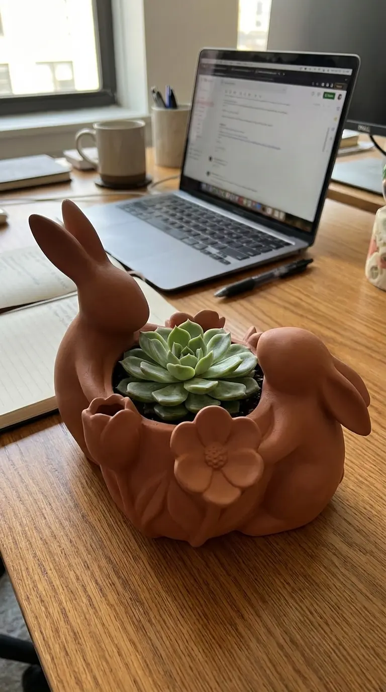 Whimsical Spring Bunny & Flora Succulent Planter - Sculptural Home Decor 3d model