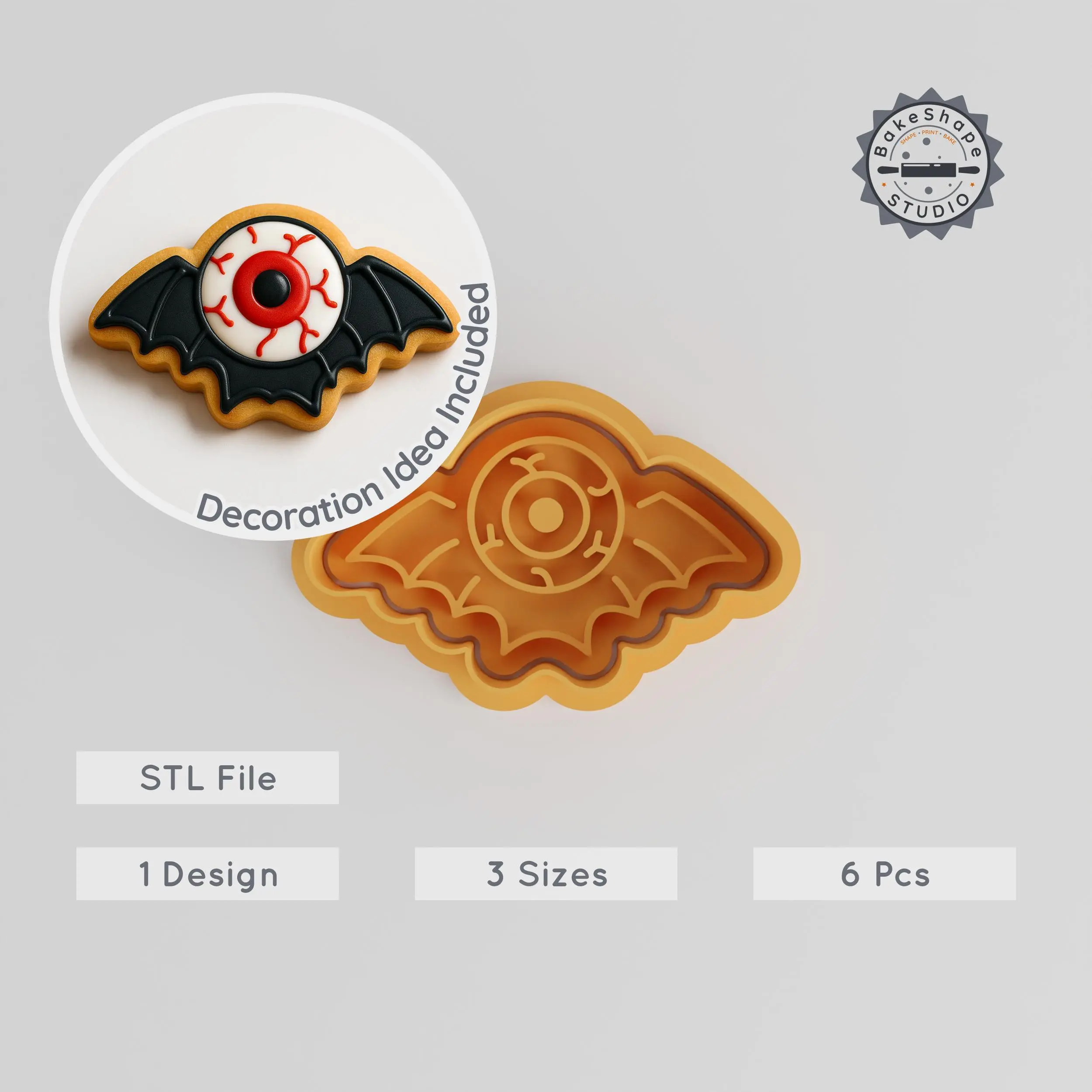 Bat Eyeball Cookie Cutter & Stamp Set, Spooky Halloween Eye Design, Fondant Decor, 3 Sizes S/M/L, 6 Pieces Bundle PRODUCT_802 3d model