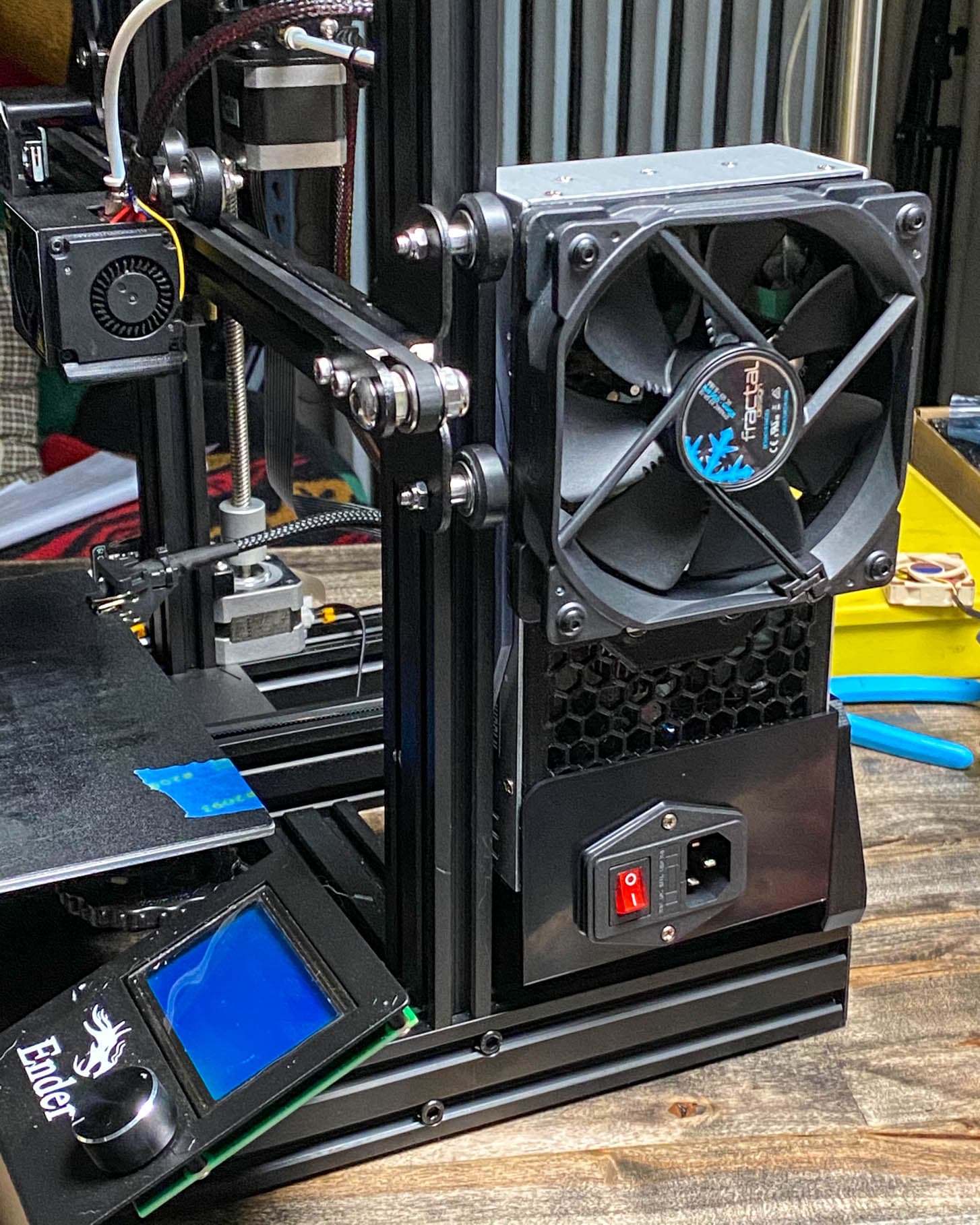 Ender 3 120mm PSU Mod Fan Cover with Buck Converter Mount - 120mm Fan installed on Ender 3 PSU. - 3d model