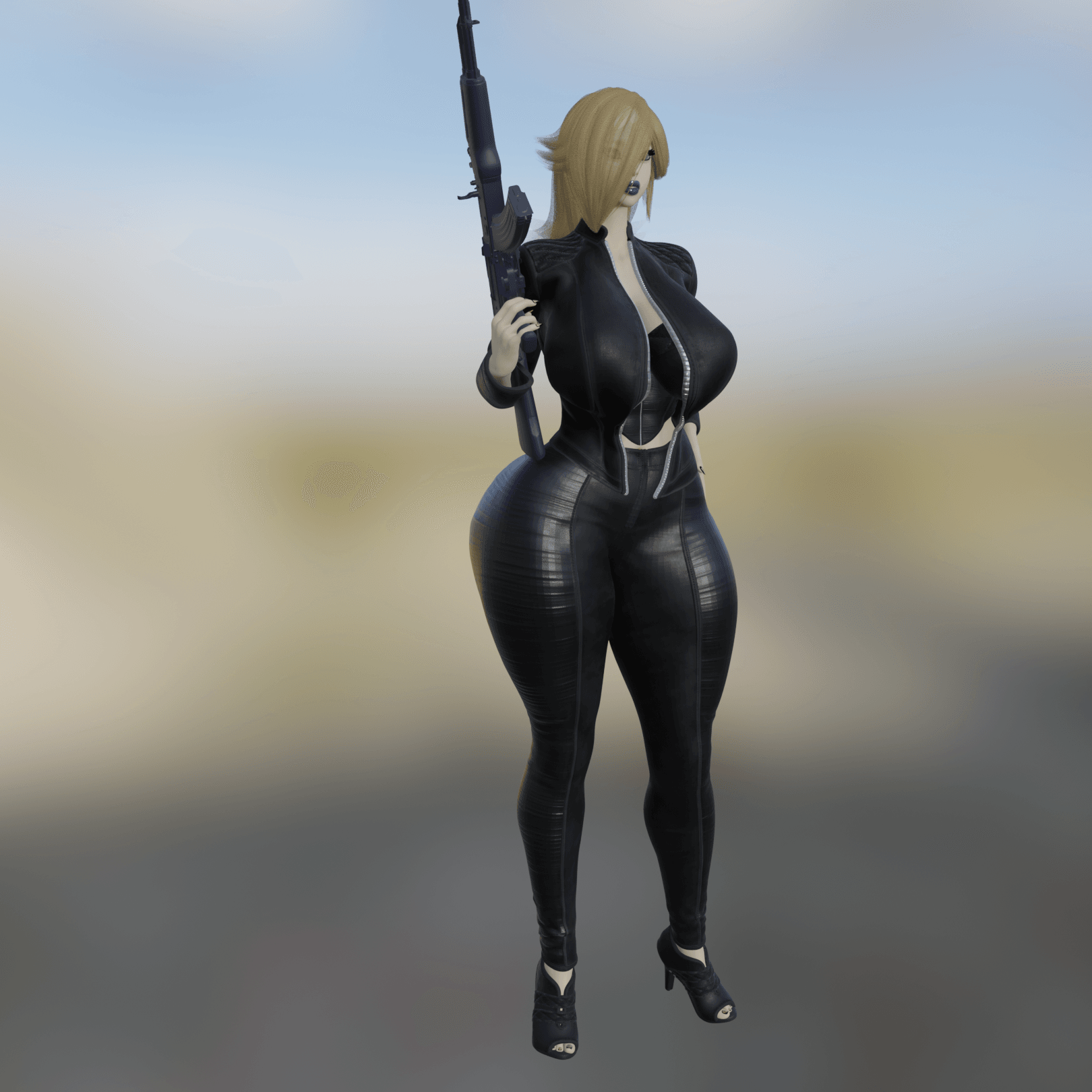 Russian Spy Woman with AK47 v2 3d model