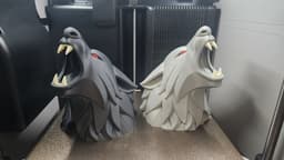 The left, darker wolf was printed in Sunlu gray PLA+ 2.0 on a Bambu P1S.
The right, lighter wolf was printed in Elegoo grey PLA on a Bambu X1C.
The eyes are Sunlu red PLA+ and the teeth are my favorite bone color, CC3D PLA Max Bone White. 3d model