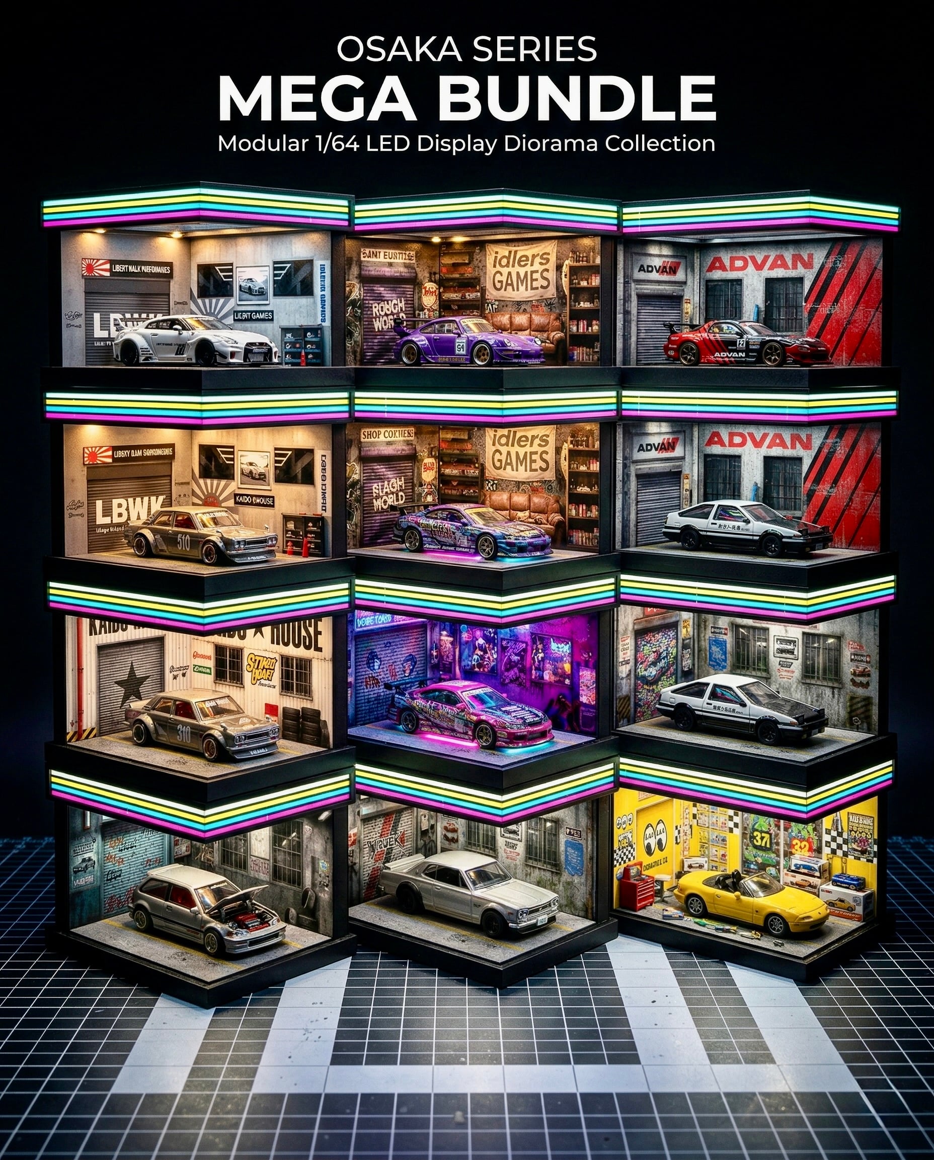 1/64 Scale Modular LED Diorama Mega Bundle STL Files | Hot Wheels Display Garage 3d model