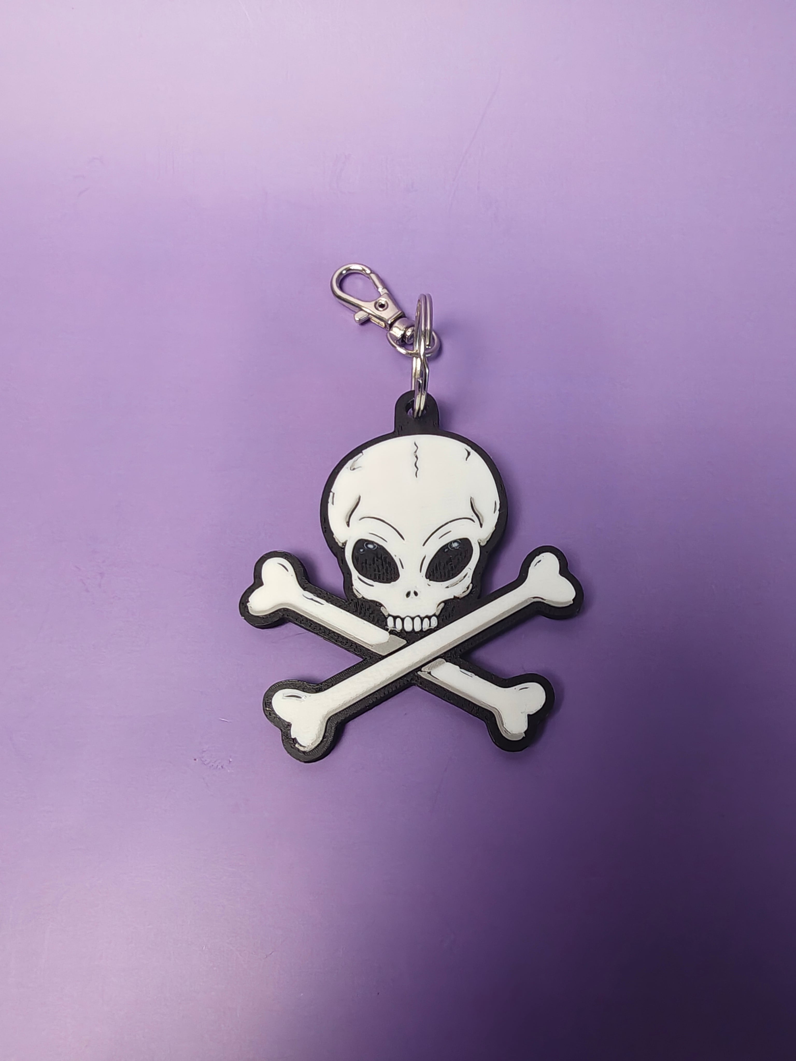 Flat 3D Textured Alien Skull and Crossbones Keychain 3d model