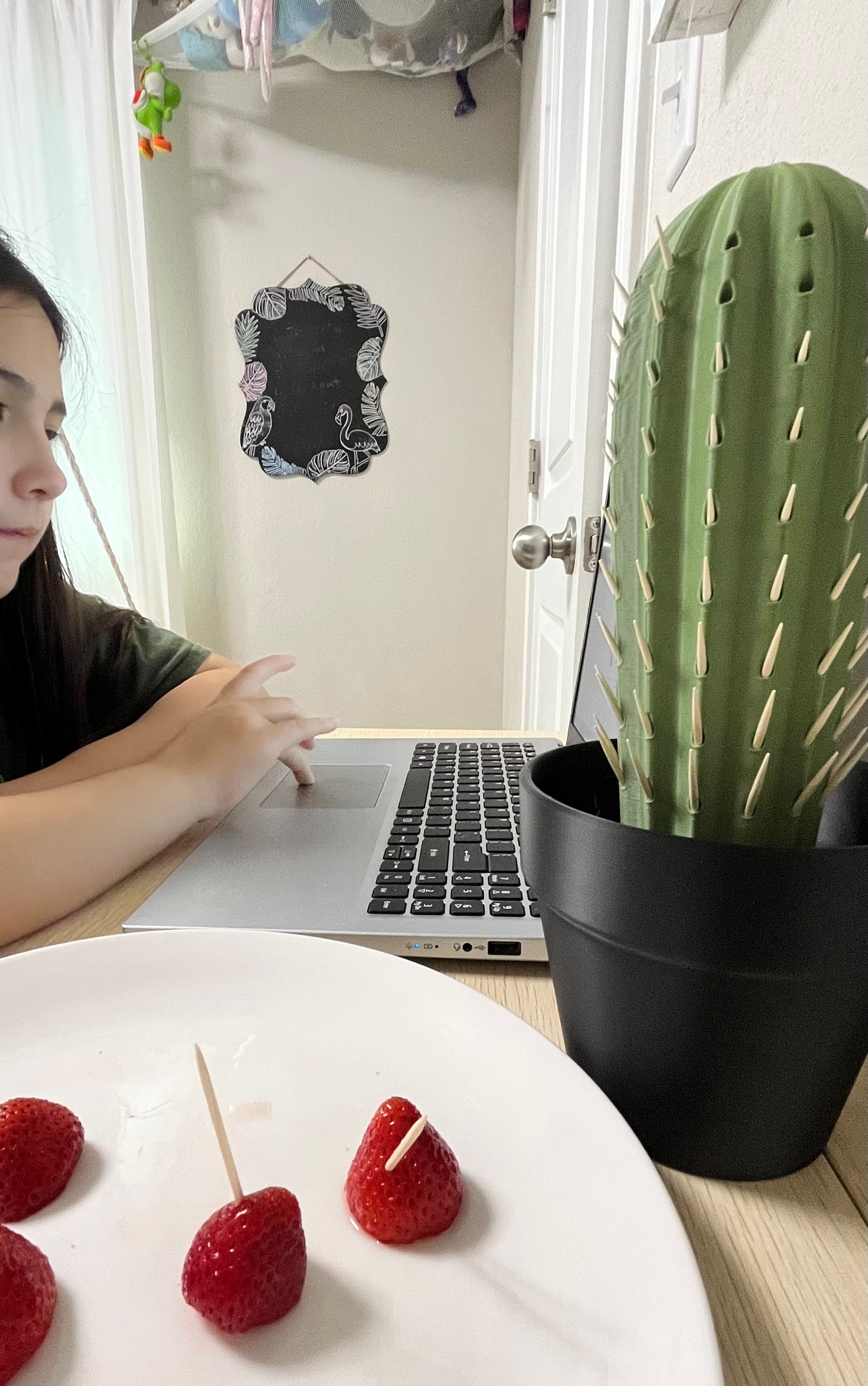 Just started school and enjoying a snack using her new printed plant.