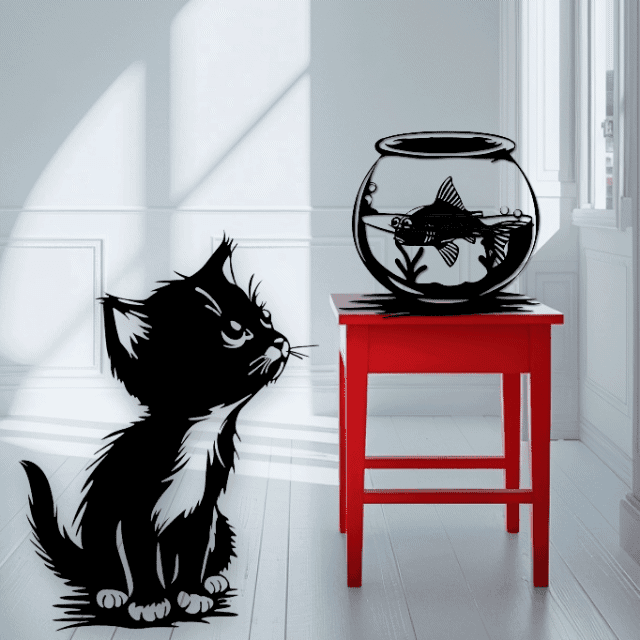 3 Piece Curious Kitten with Fish Wall Decor 3d model