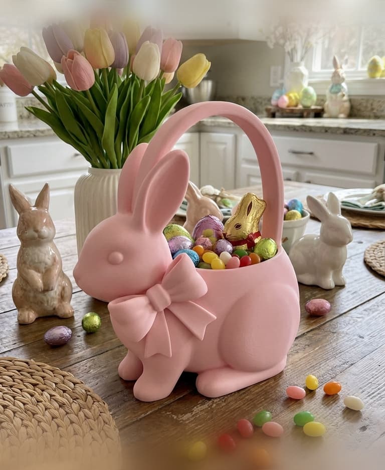 Coquette Bunny Easter Basket - Sculptural Rabbit Bow Catchall 3d model