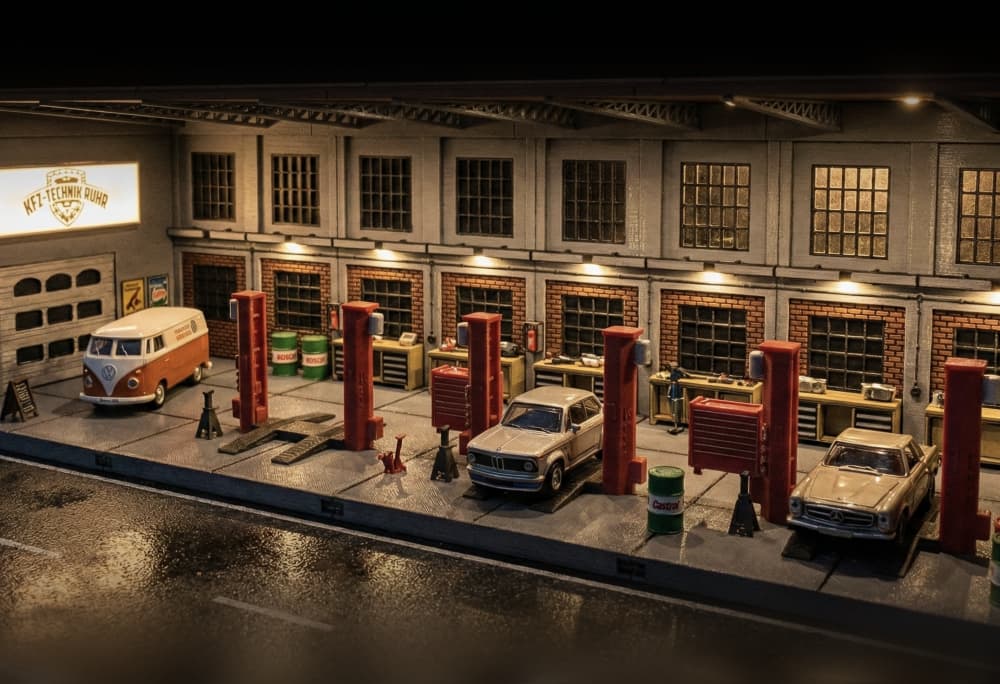 1/64 German Garage Diorama | KFZ-Technik Workshop | Modular Hot Wheels Display 3d model
