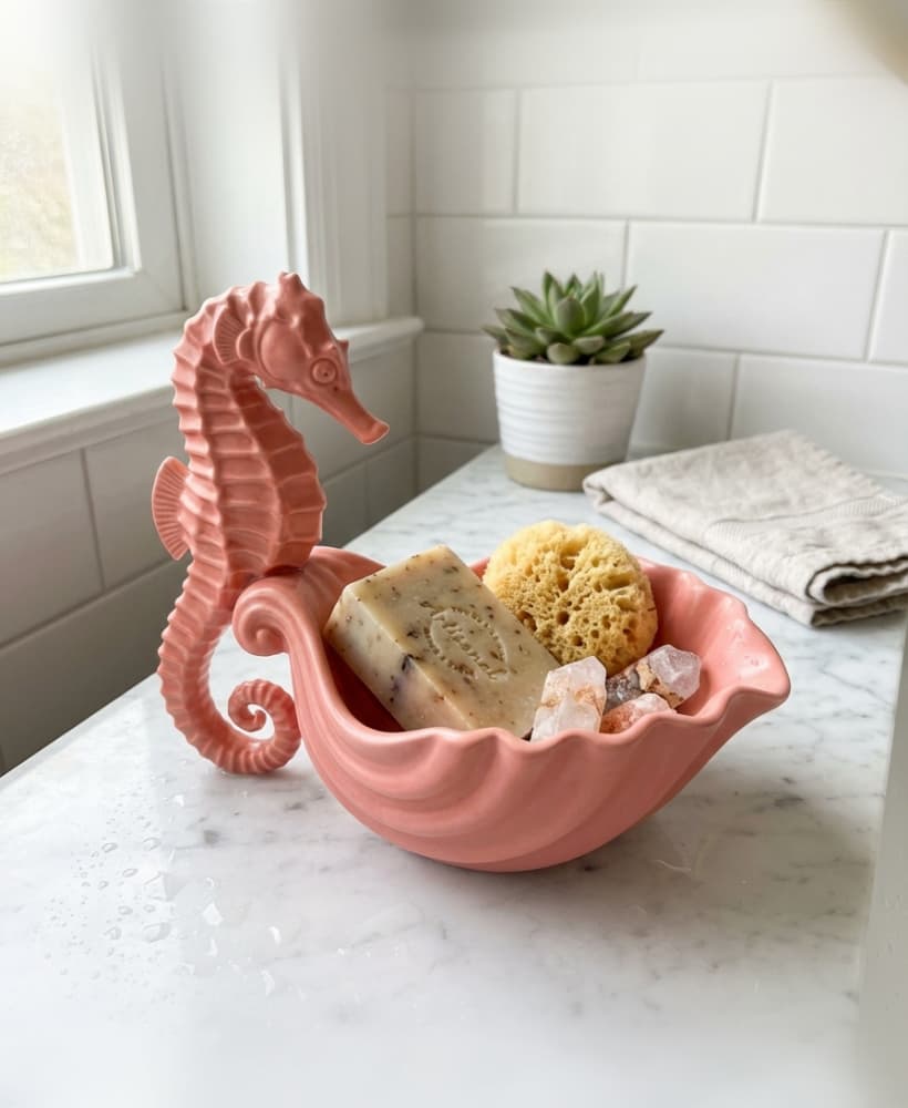 Coastal Seahorse Shell Soap Dish and Vanity Organizer – Nautical Bathroom Decor 3d model
