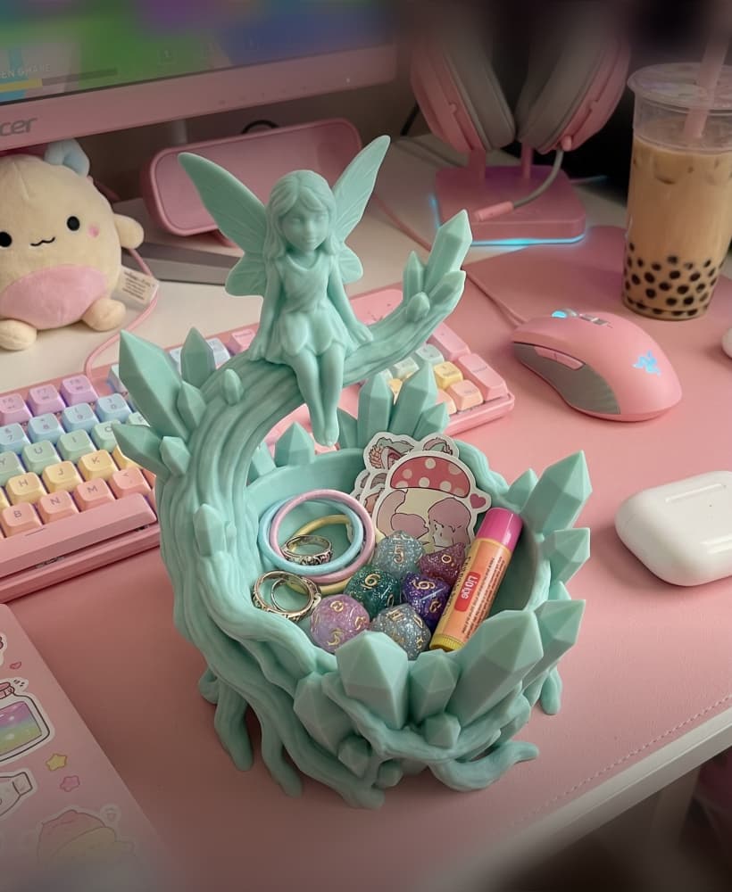 Fairy Crystal Jewelry Dish STL | Fantasy Trinket Bowl 3D Print | Fairycore Desk Organizer | DND Dice 3d model