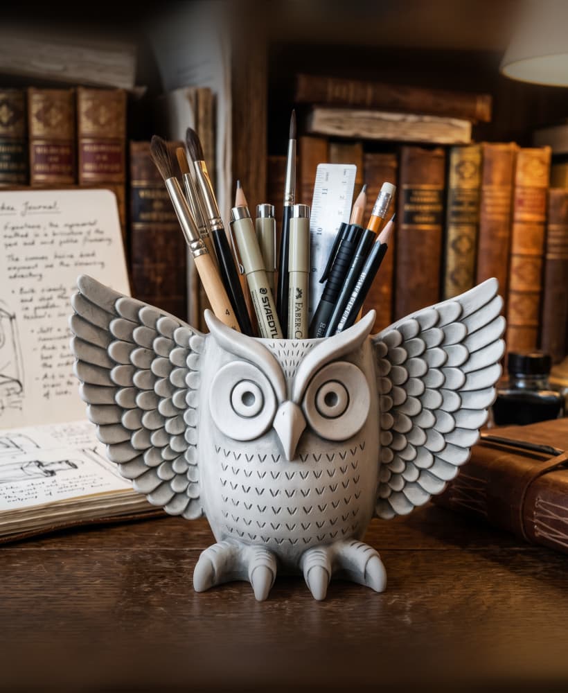 Wise Owl Desk Organizer - Elegant Wings-Outspread Pen & Makeup Brush Holder 3d model