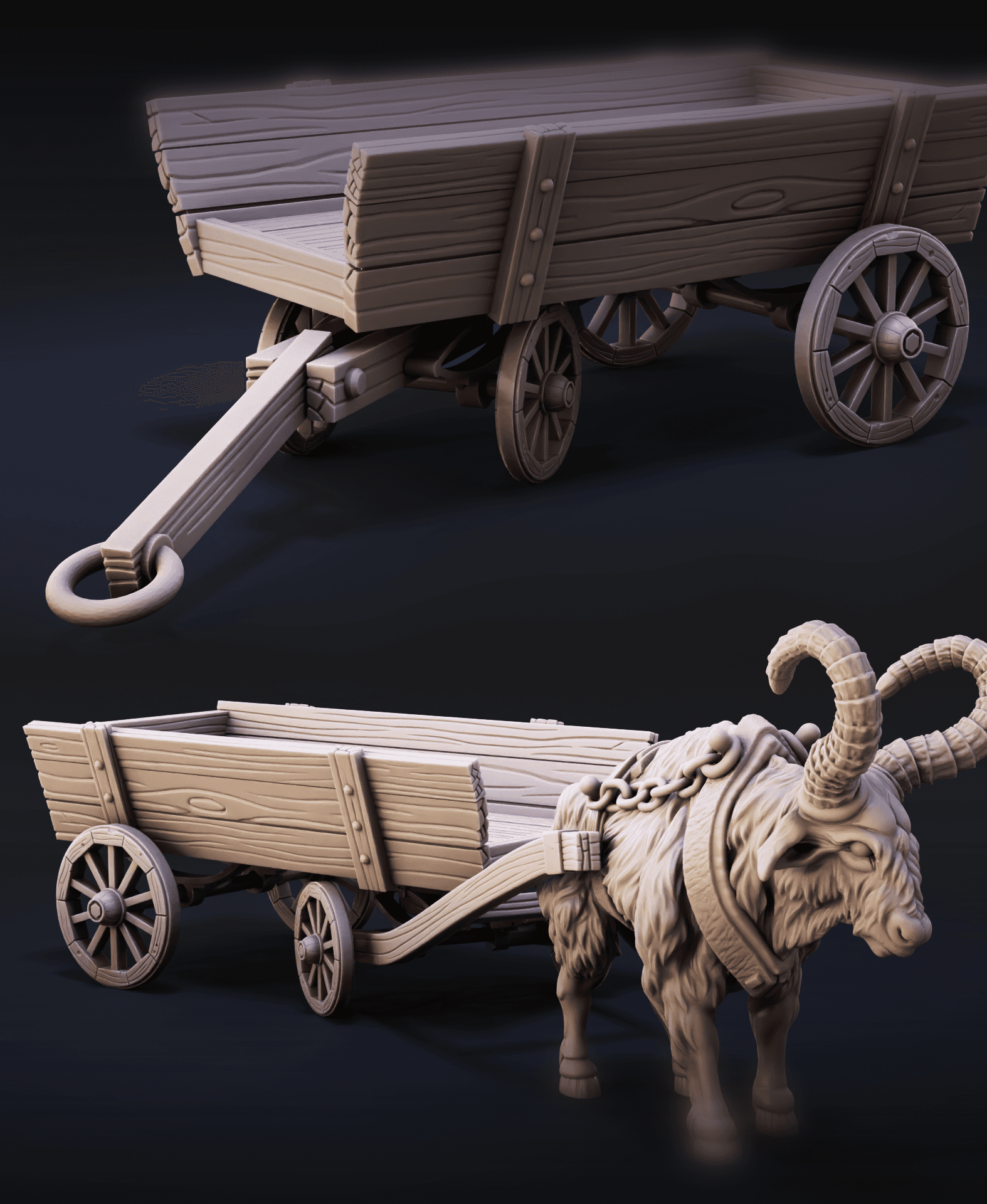 Beast of Burden and Trailer | Great Horned Oxen Pulling Trailer | Cow, Bison, Bull, Ox for 32mm TTRP 3d model