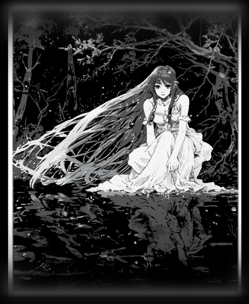 The moonlight reveals as she kneels by the water - Wall art using Hueforge 3d model