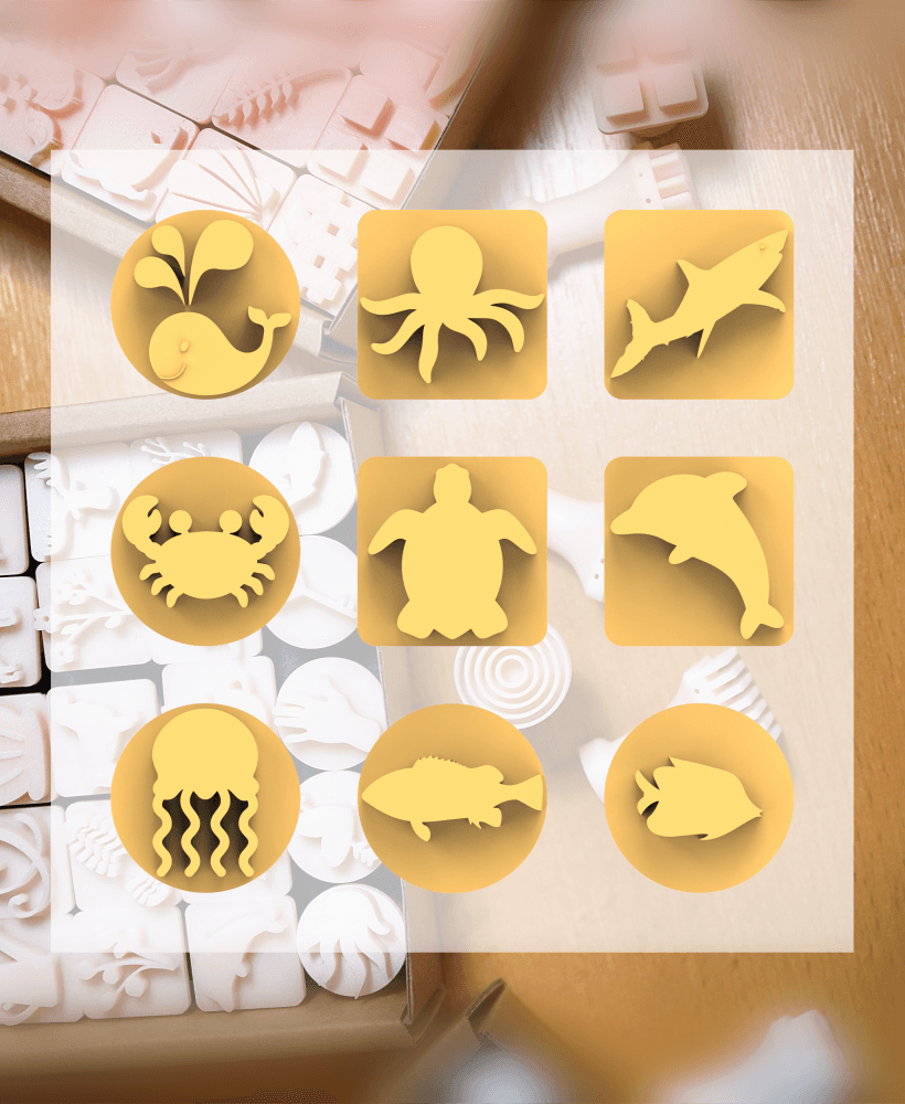 Ceramic Clay Stamp Set – Sea Animals 2 (9 Stamps, 20 mm) 3d model