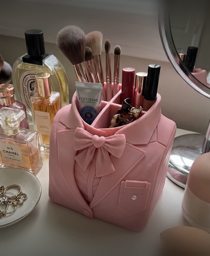 Aesthetic Tuxedo & Bow Makeup Organizer - 3D Printed Vanity Brush Holder 3d model