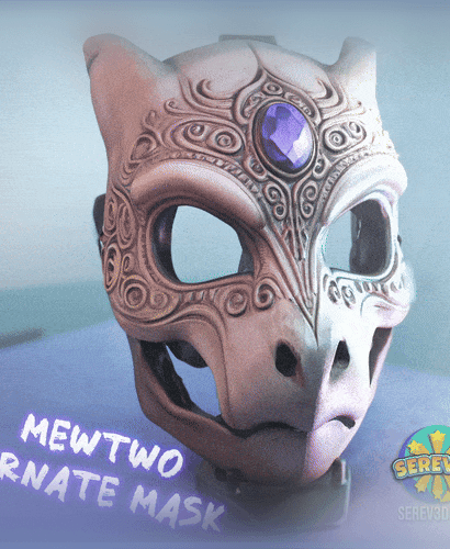 Wearable Mewtwo Ornate Mask - Articulated Movable Jaw, Mini & Keychain Versions STL/3MF 3d model