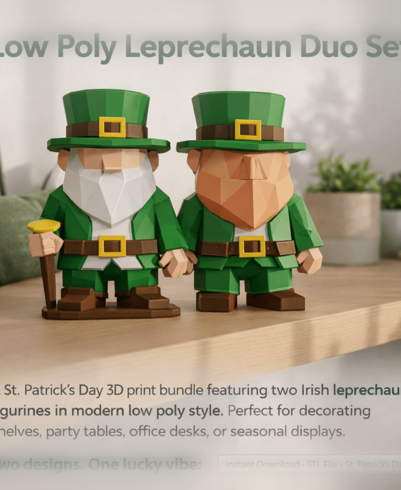 Lucky Leprechaun Duo STL File-Low Poly St. Patrickβs Day Bundle-Irish Gnome Figurines 3d model