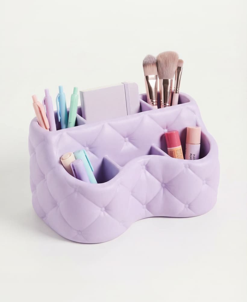 Aesthetic Quilted Desk Organizer – Curvy Multi-Compartment Makeup & Stationery Caddy 3d model