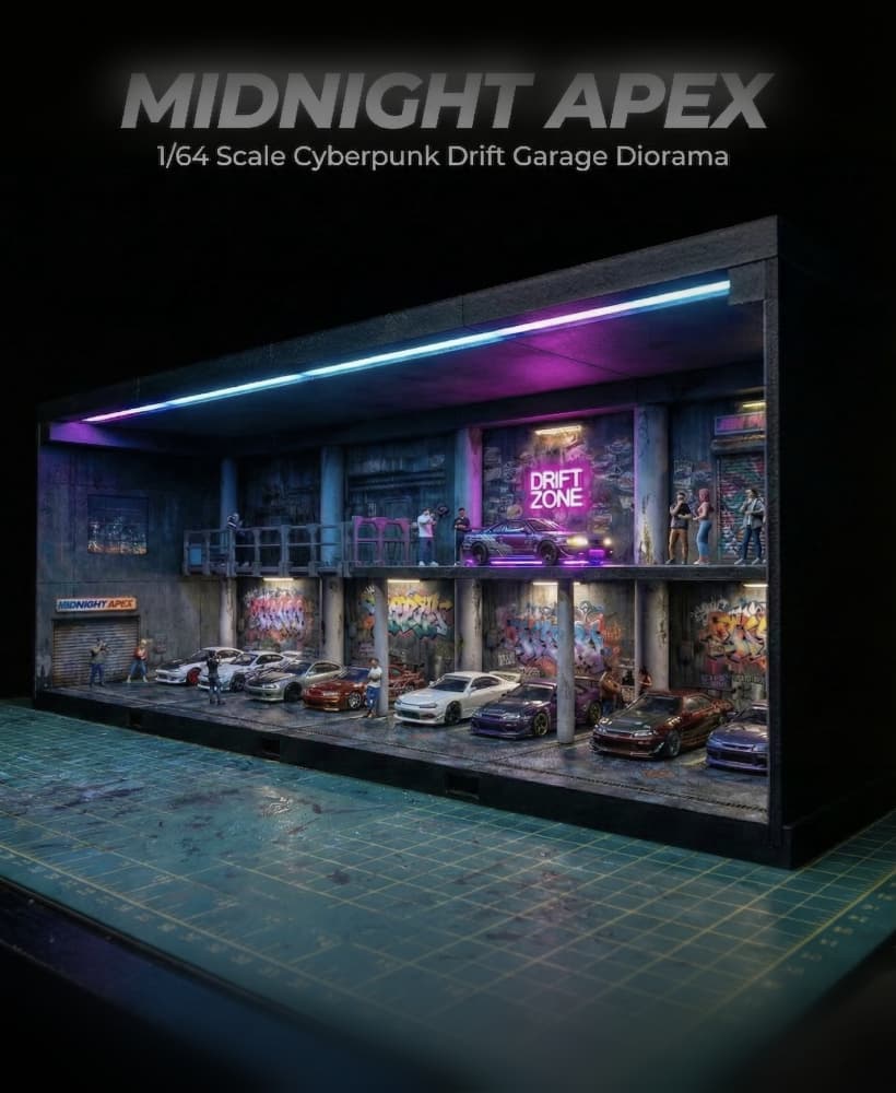 1/64 JDM Underground Garage Diorama "Midnight Apex" (STL + Printable Wall Textures) 3d model