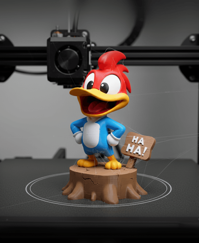 Chibi Woody STL – Funny Cartoon Bird 3D Print on Tree Stump – Fan Art Model for Collectors 3d model