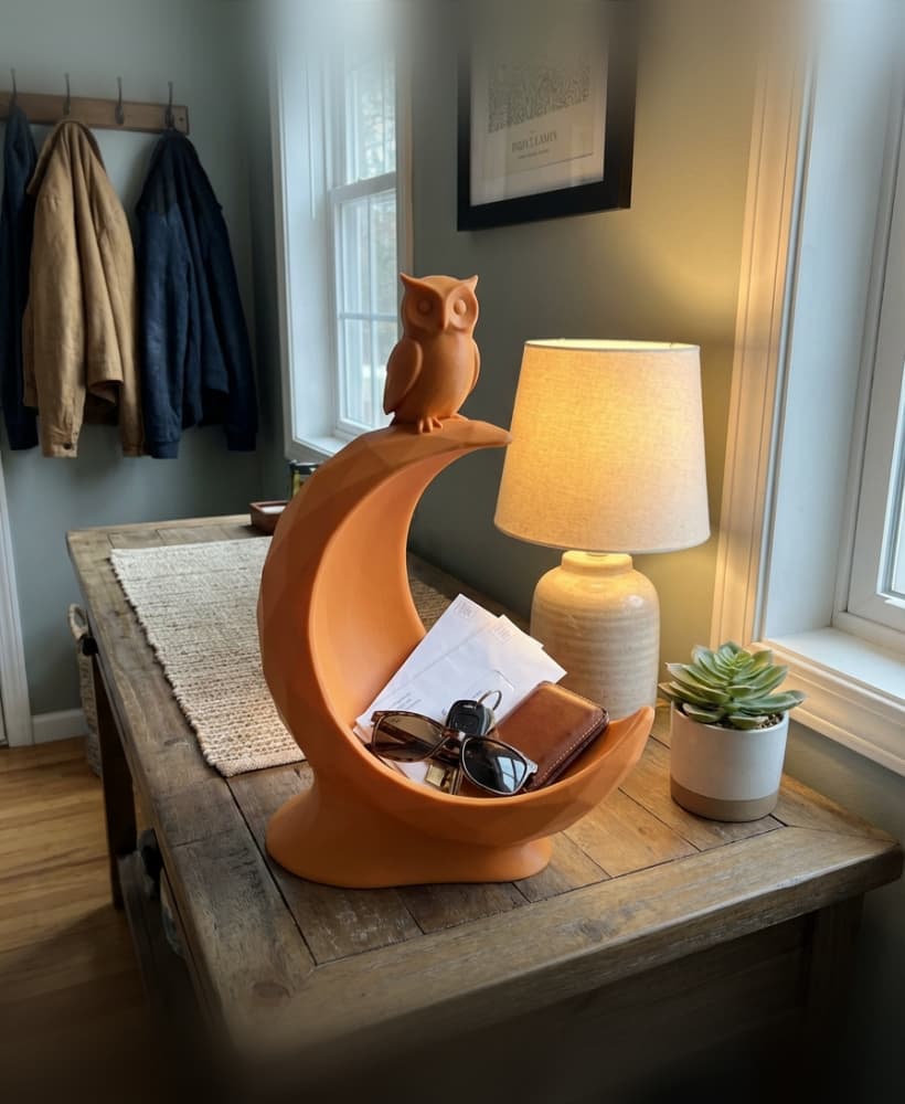 Geometric Owl on Crescent Moon Catchall – Modern Entryway Key & Mail Organizer 3d model