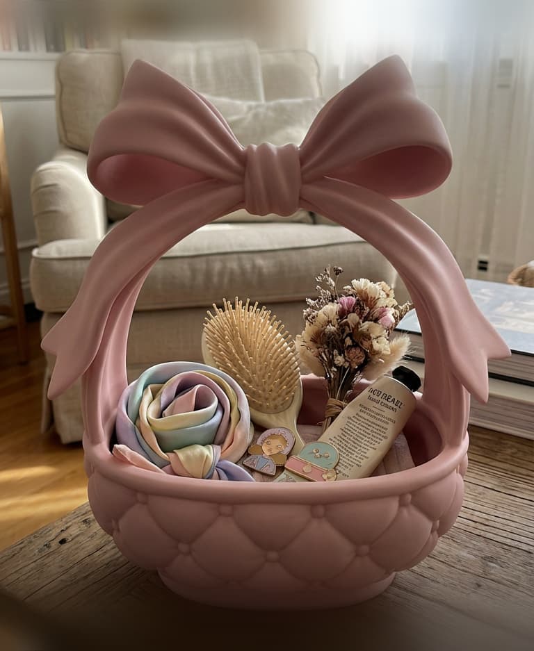 Quilted Bow Basket – Coquette Aesthetic Catchall & Decorative Organizer 3d model