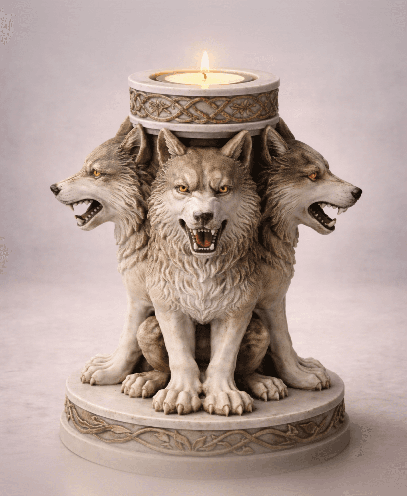 Three-Headed Wolf Tealight Holder STL – Fantasy Guardian Candle Decor 3d model