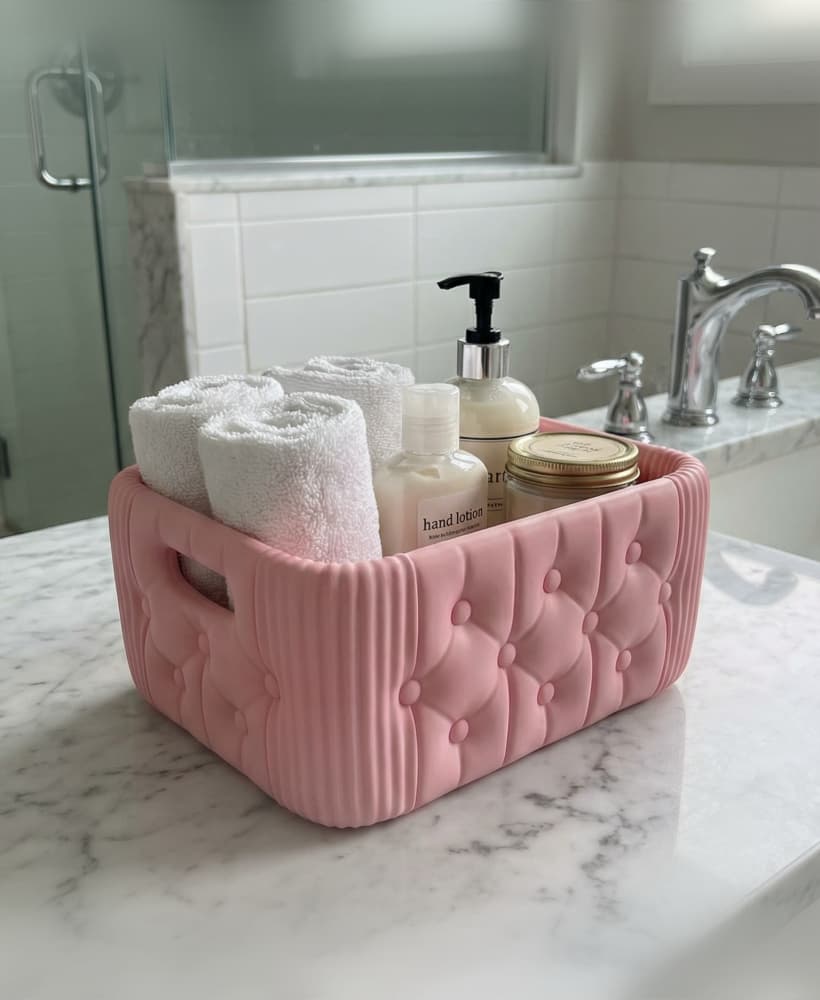 Tufted Quilted Storage Basket with Handles | Decorative Bathroom Organizer Bin | Modern 3D Printed H 3d model