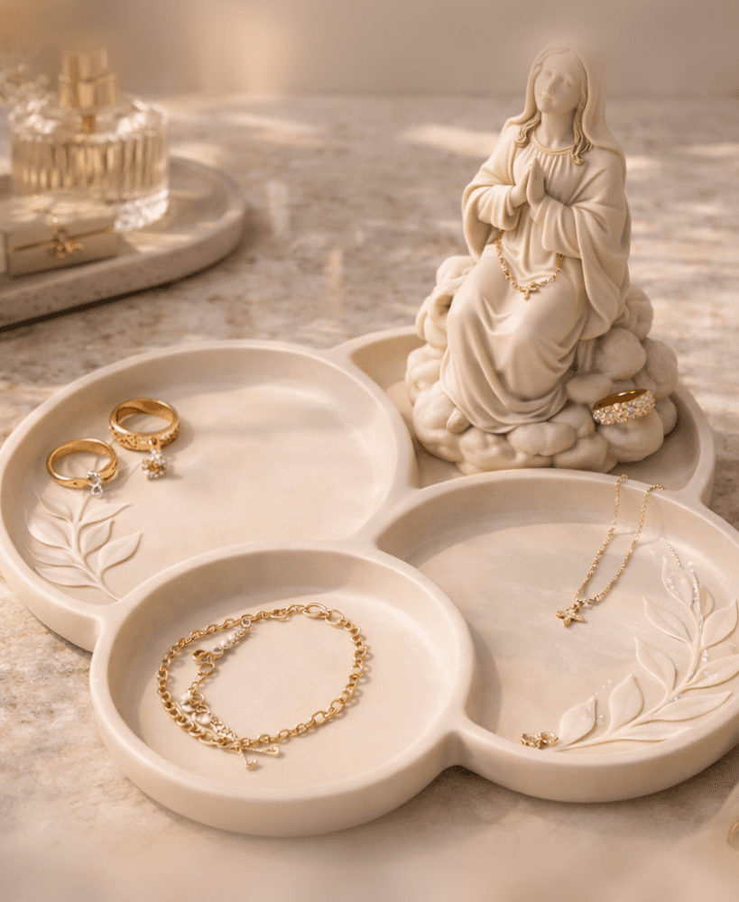 Free Virgin Mary Rosary Jewelry Tray STL – Catholic Prayer Decor & Ring Dish 3d model