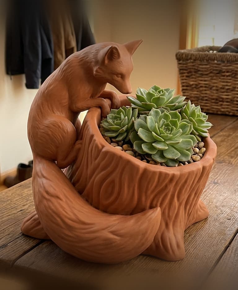 Curious Fox & Tree Stump Succulent Planter - Whimsical Woodland Home Decor 3d model