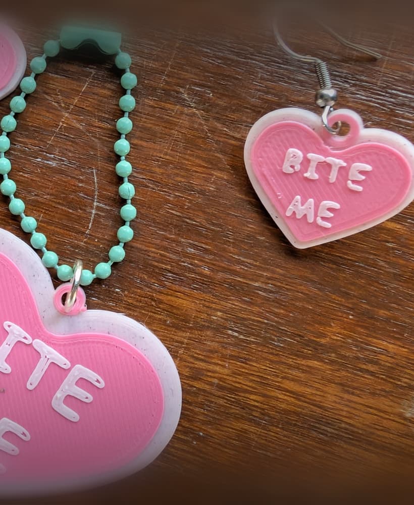 Bite Me Conversation Heart Earring Necklace Keychain and Ornament Set 3d model