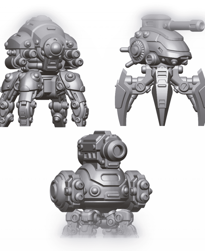 15mm Sci-Fi Walking Tank Mech STL 3 Pack Robot Walker Miniatures for Tabletop Wargaming 3d model