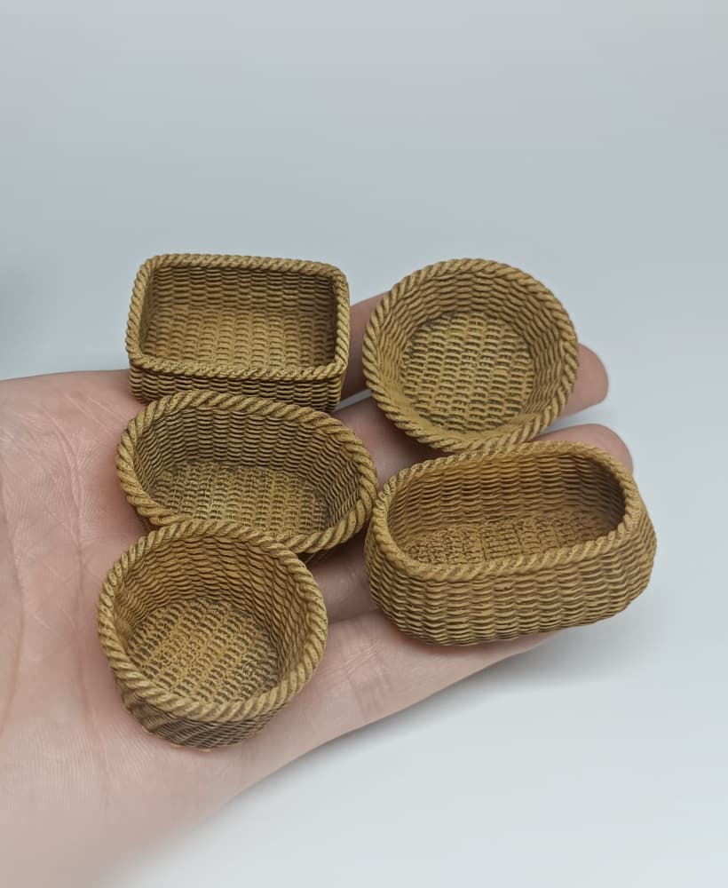 1/12 Scale Wicker Basket STL Set (Set of 5 Miniature Basket) for Dollhouses and Miniature Projects 3d model