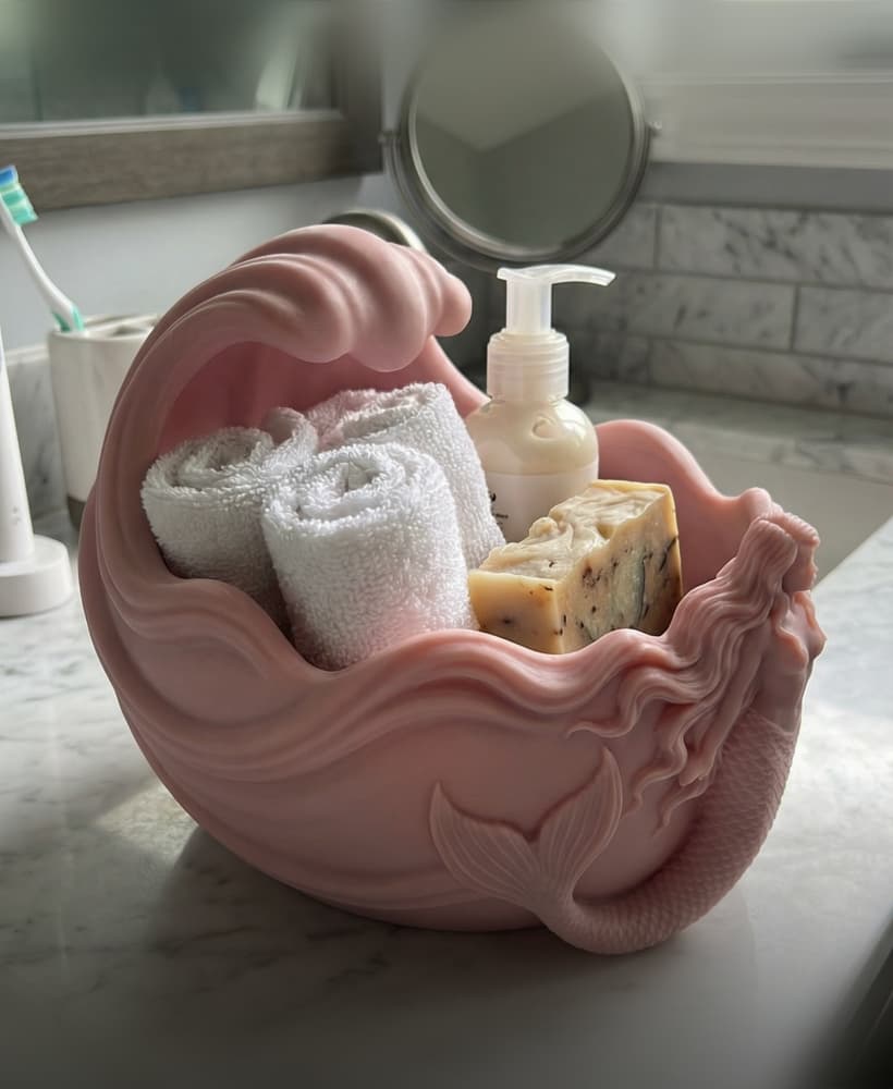 Mermaid Shell Bathroom Organizer Planter Bowl | Coastal Decor Storage Holder | 3D Printable Vanity C 3d model