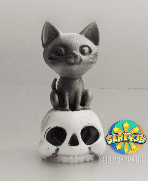 Cat on Skull - Spooky Halloween Figurine - No Supports 3D Print STL/3MF 3d model