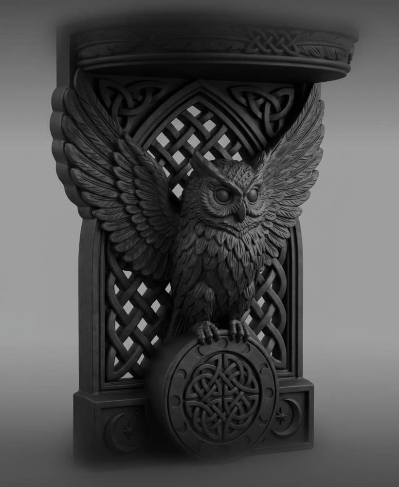 Gothic Celtic Owl Wall Corbel - Mythical Floating Shelf 3D Print 3d model