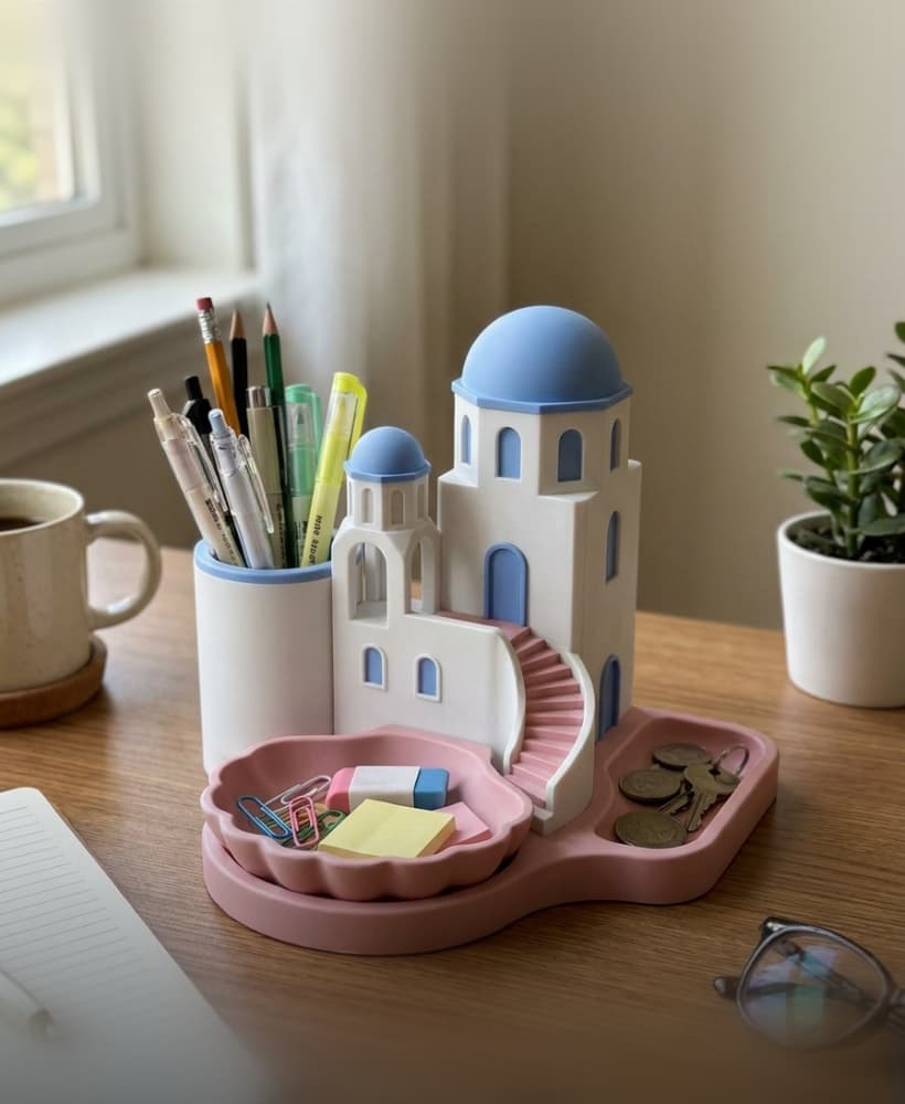 Santorini Architecture Desk Organizer | Coastal Greek Village Pen Holder & Catchall Tray 3d model