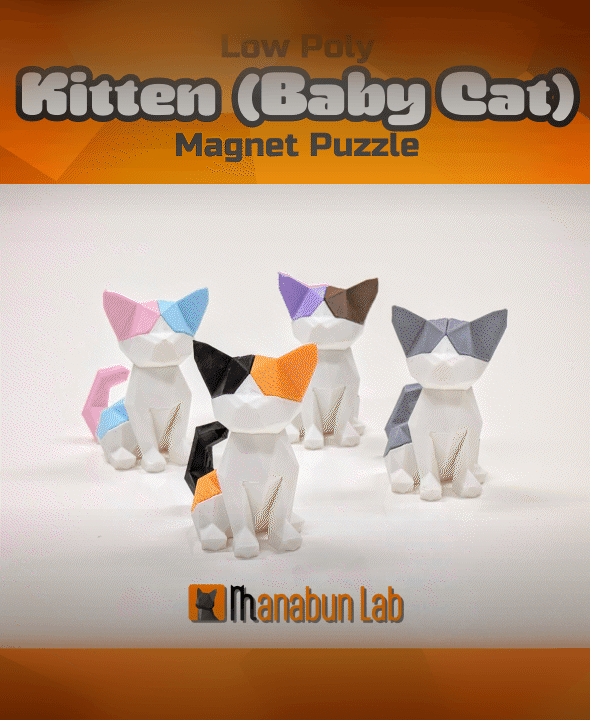 Low Poly Kitten Magnet Puzzle (No supports, no AMS) 3d model