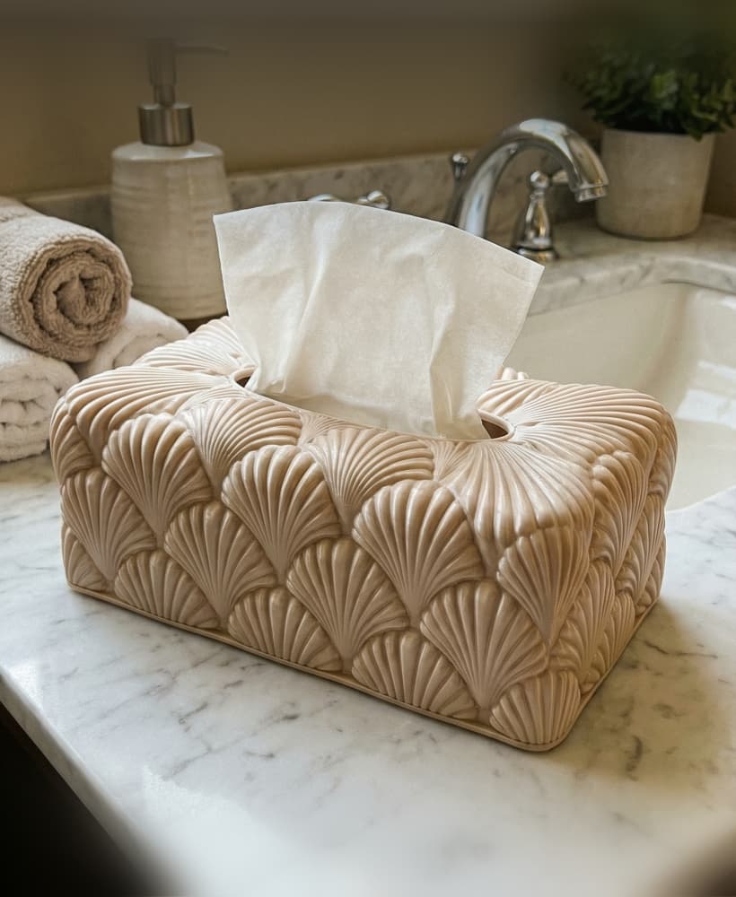 Modern Scalloped Shell Tissue Box Cover - Art Deco Minimalist Rectangular Tissue Holder for Home & B 3d model