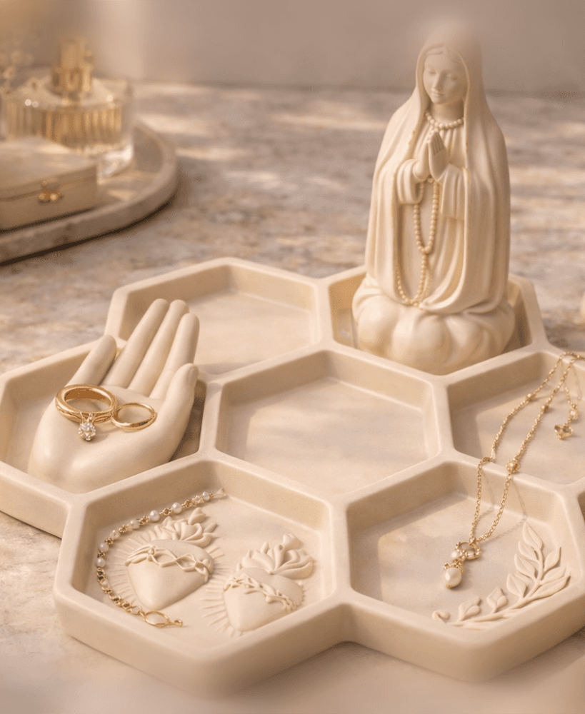 Virgin Mary Hexagon Jewelry Tray STL – Catholic Rosary Holder & Ring Dish 3d model
