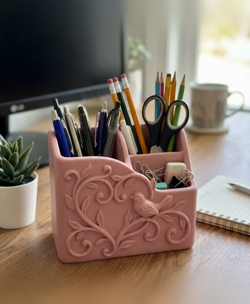 Floral Bird Desk Organizer – Elegant Vine Relief Pen Holder 3d model