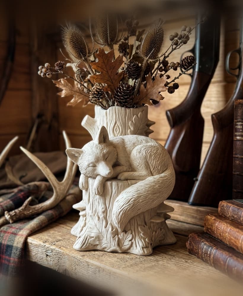 Sleeping Fox Woodland Vase – Rustic Forest Animal Sculpture & Autumn Foliage Centerpiece 3d model