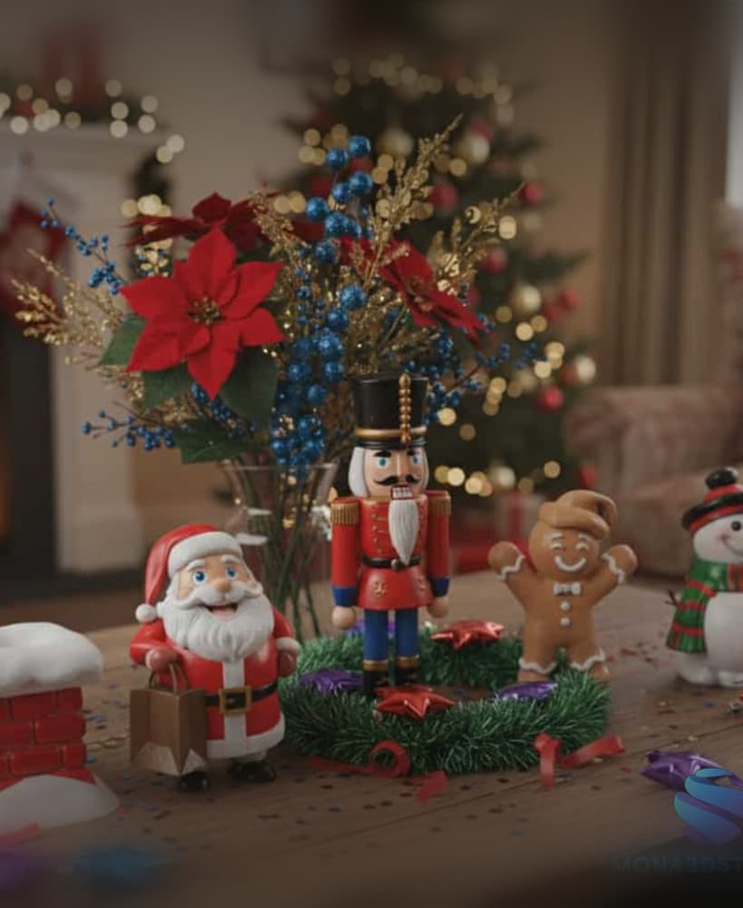 Set of 5 Printable 3D Christmas Decoration Models - Chimney, Santa, Nutcracker, Gingerbread Man, and 3d model