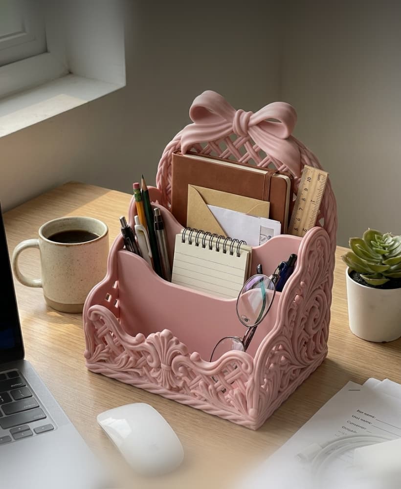 Coquette Bow Desk Organizer Caddy Lattice Basket 3d model