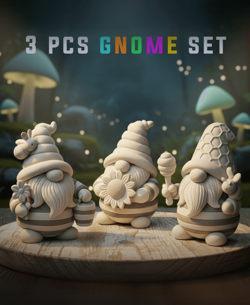 Bee Gnome Figures, 3 pcs. Spring Gnome, Bumble Bee HoneyComb, Cute Garden Gnome, Sunflower 3d model