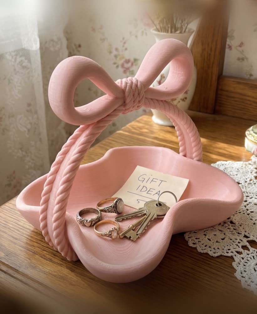 Coquette Bow Ribbon Basket - Aesthetic Scalloped Trinket Dish and Jewelry Catchall 3d model