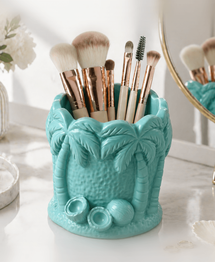 Tropical Makeup Brush Holder STL – Palm Tree Vanity Organizer & Beach Decor 3d model
